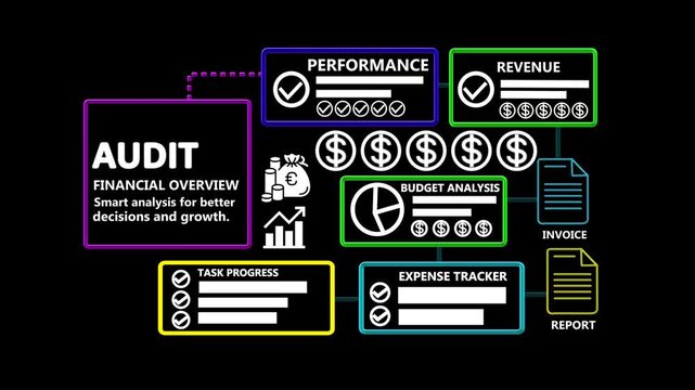 Business Audit Animation with Financial Overview, Performance, Revenue, Budget Analysis, Task Progress, Expense Tracker, Invoice and Report 4K Motion Graphics
