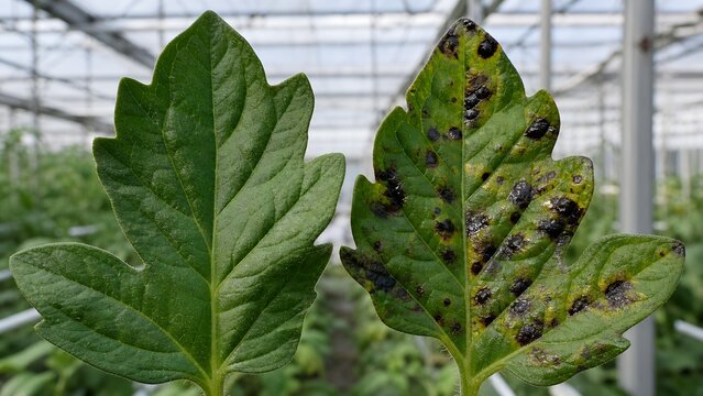Side-by-side view of a healthy disease-resistant tomato leaf and a susceptible leaf with visible dark, water-soaked bacterial spot symptoms for plant pathology studies