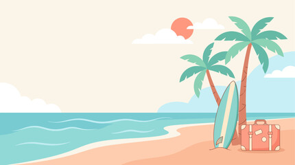 Naklejka premium Idyllic tropical beach illustration with palm trees, a surfboard, and a suitcase on sandy shores, perfect for summer vacation, travel, and relaxing seaside escapes