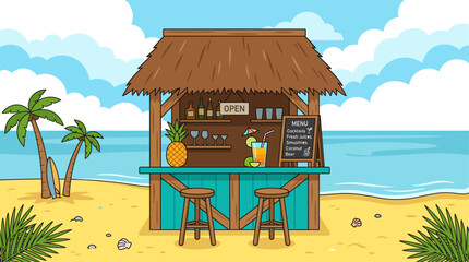 Fototapeta premium Tropical beach tiki bar on a sunny sandy shore with cocktails and palm trees