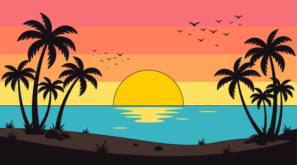 Fototapeta premium Tropical sunset vector art. Silhouetted palm trees on beach, sun reflecting on ocean, birds in vibrant gradient sky. Relaxing travel and vacation concept