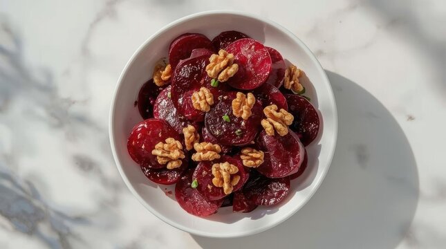 A healthy salad of baked or boiled beets, prune slices, and walnuts, garnished with fresh herbs in a white bowl.