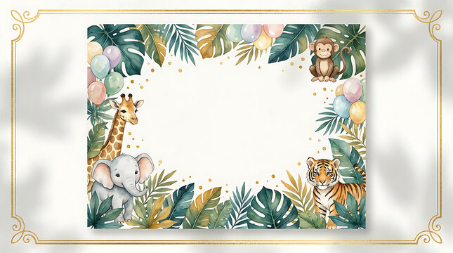 Watercolor jungle birthday invitation frame. Cute safari animal border for baby shower.