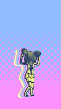 Seamless funny vertical video of a cartoon dancing doll with mouse head isolated with copyspace. Stop motion minimal halftone comic style background. Dancing funny animal.