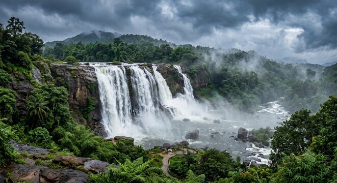 Majestic Athirappilly waterfall inspired Kerala monsoon landscape with roaring cascades, lush rainforest and dramatic tropical scenery in South India