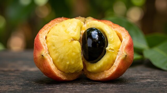 Close up view of a fresh halved ackee fruit showing the yellow edible aril and dark seed against a rustic outdoor natural background