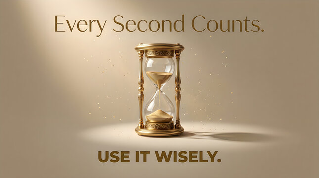 Generative AI Vintage brass hourglass with flowing sand, motivational time management concept, elegant sand timer on beige background with inspirational text