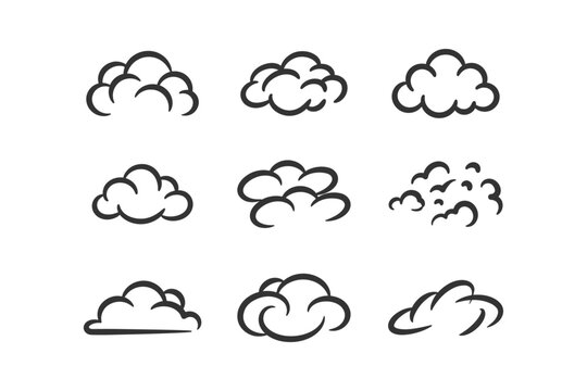 A collection of nine different hand-drawn style cloud vector illustrations on a plain white background for design