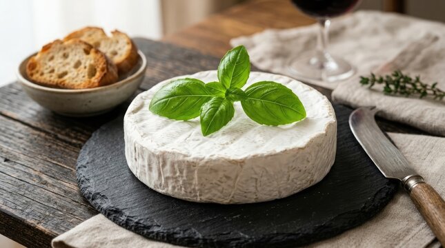 Fresh round brie cheese with basil leaves on a rustic slate board