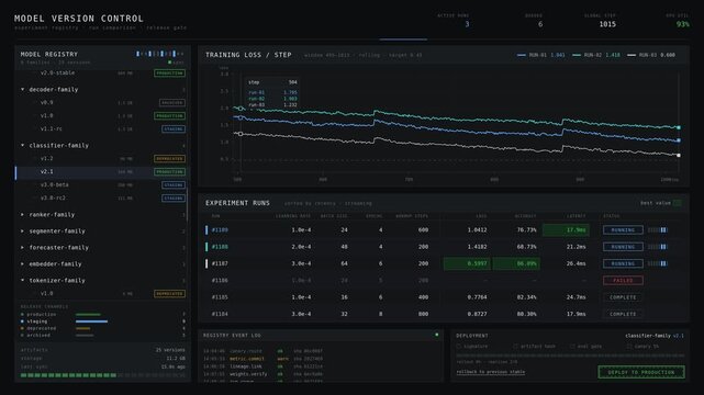 A sleek developer interface for AI model version control featuring a dark aesthetic with collapsible model registry and experiment comparison table, ideal for tech presentations.