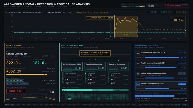A dark mode monitoring dashboard illustration showcasing AI-powered anomaly detection and root cause analysis with detailed metrics and action recommendations.
