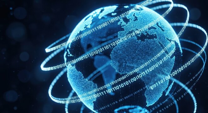 Global digital Earth globe illuminates with flowing binary code, depicting worldwide network.