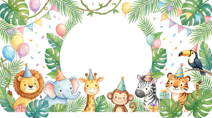 Naklejka premium Jungle animal birthday party background. Cute safari theme invitation with tropical leaves.