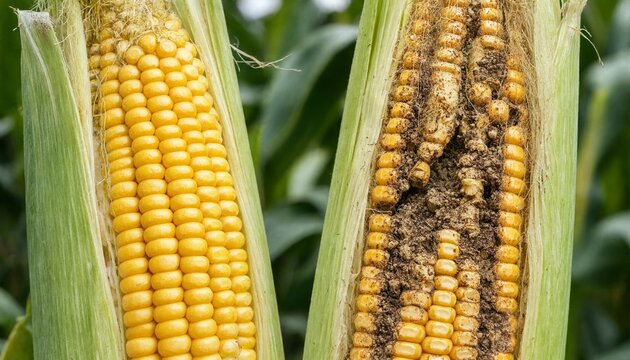 Comparison between a healthy bt-resistant maize plant with intact cobs and a damaged non-bt variety infested with corn borers showing visible frass tunnels and destroyed kernels