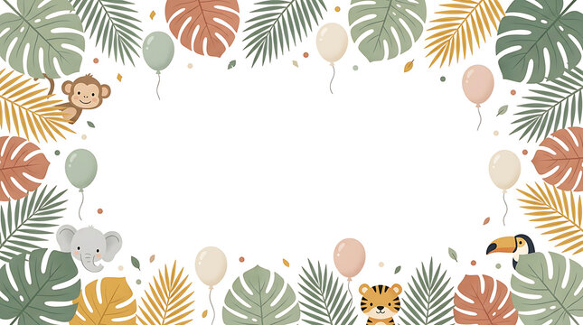 Jungle animal birthday border with tropical leaves. Safari theme frame for kids party invite.
