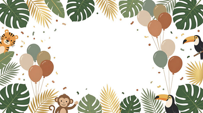 Jungle birthday border with tropical animals. Safari theme frame with balloons and leaves.