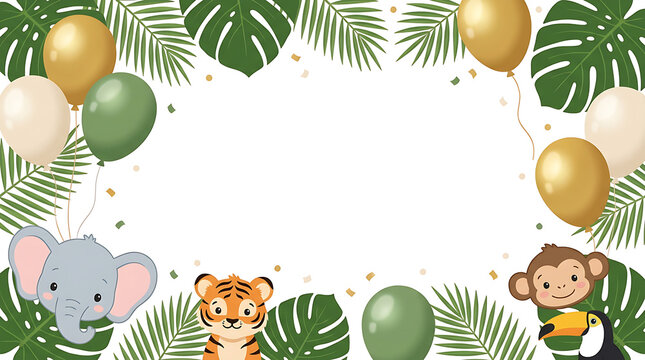 Jungle animal birthday border with balloons. Tropical safari theme frame for kids party.