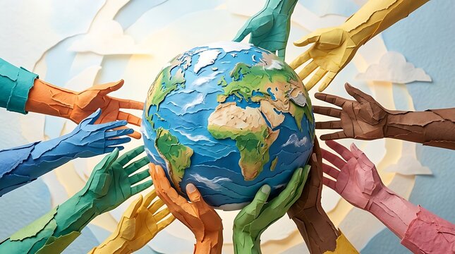 Diverse papercraft hands holding a globe