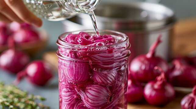 Pickled red onions in a glass jar, a vibrant homemade condiment, showcasing the process of preserving fresh produce for delicious meals