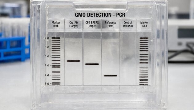 Laboratory analysis of genetically modified organisms using pcr and agarose gel electrophoresis, displaying separated dna fragments, target transgene bands, and standard reference genes
