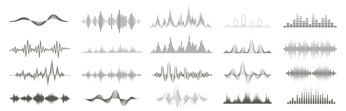A collection of different sound wave drawings shown in a clean grid. Set of audio waveform vector illustrations. Including sine waves, bars, and dots.