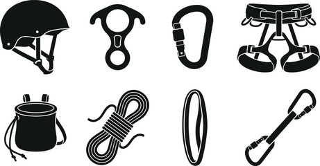 Rock climbing equipment silhouette icons set with helmet, rope, carabiner, and harness for outdoor adventure © MstShapla