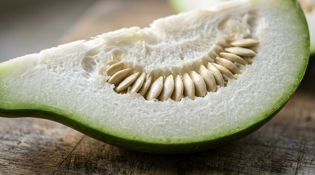 Close up view of a sliced winter melon piece showing fresh white flesh and seeds on a rustic wooden kitchen surface