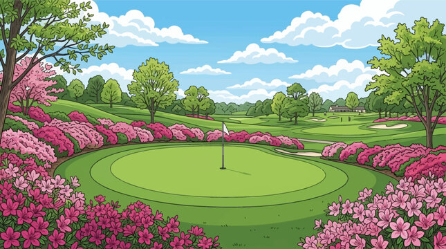 Vector illustration of a professional golf course green with a white flagstick, surrounded by blooming pink azalea flowers, sand traps, lush green trees, and rolling hills under a blue cloudy sky.