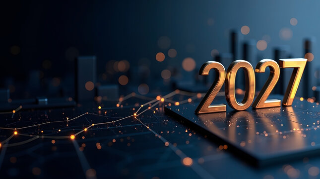 Luxury Corporate New Year 2027 Banner with Glass Architecture and Digital Grid Background