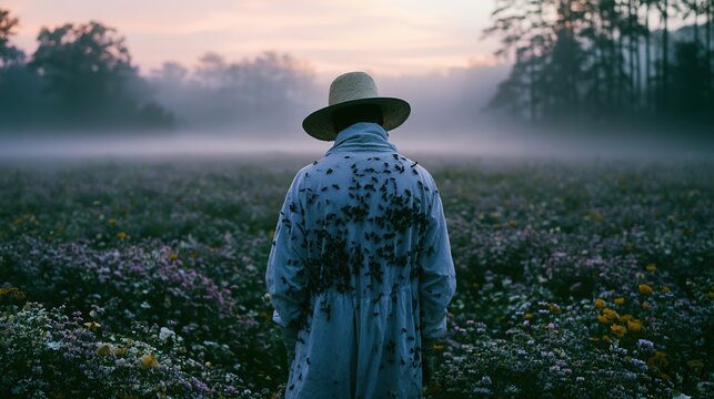 Back view beekeeper in white suit standing in foggy wildflower meadow at dawn bees clinging