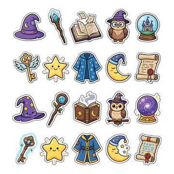 Collection of magical wizard and fantasy stickers set with fantasy world stickers collection