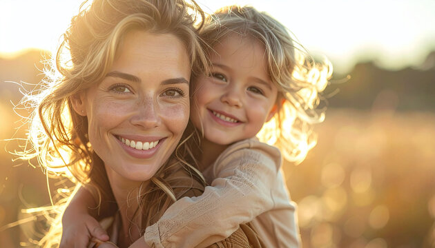 A joyful mother and her happy child embrace in a sunlit field, sharing a tender moment of love and family connection during a golden hour sunset, evoking warmth and pure happiness.