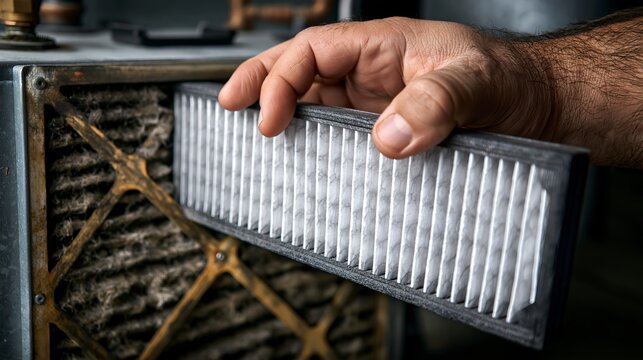 Close-up of a man's hand holding a used air filter, demonstrating maintenance and the importance of clean air quality in a home setting