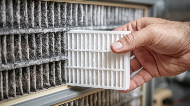 A close-up view of a hand holding a clean air filter next to a heavily soiled one, highlighting the importance of regular maintenance and air quality