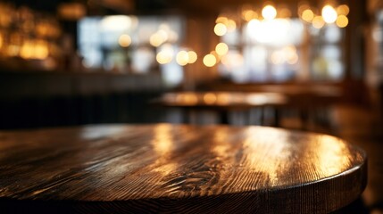 Obraz premium Close up of a rustic wooden table in a dimly lit restaurant with bokeh lights