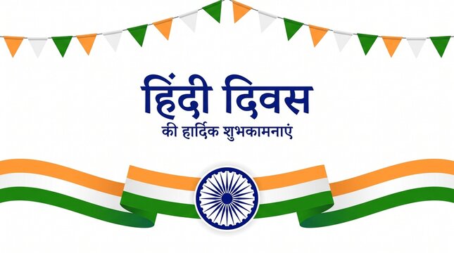 A clean, professional graphic design celebrating Hindi Diwas. The image features a white background. At the very top, a horizontal string of triangular bunting flags in alternating colors of saffron, 