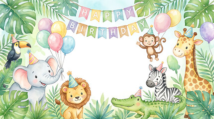 Fototapeta premium Safari animal birthday party background. Cute jungle theme invitation with watercolor animals.