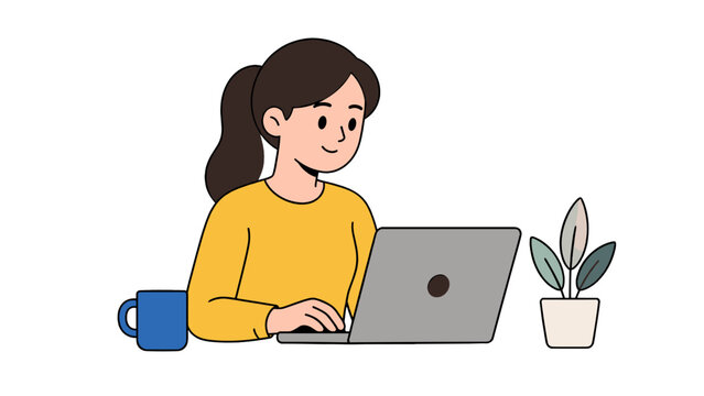 Young woman working on laptop beside mug and potted plant