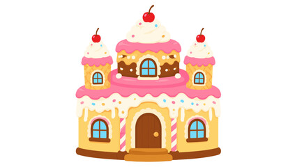 Naklejka premium Cute pink frosted cake house with cherries vector illustration