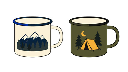 Camping enamel mugs with mountain and tent outdoor graphics © Andrei