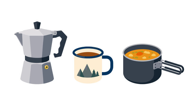 Vector camping cookware set with coffee maker mug and soup pot