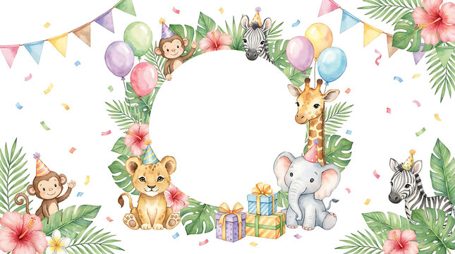 Baby jungle animal birthday party wreath with balloons and flowers. Adorable safari-themed celebration garland featuring giraffe, elephant, and lio...