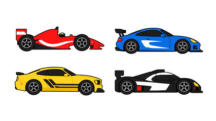 Naklejka premium Set of four colorful racing car side view vector illustrations