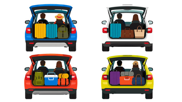 Cars with open trunks packed with luggage vector set