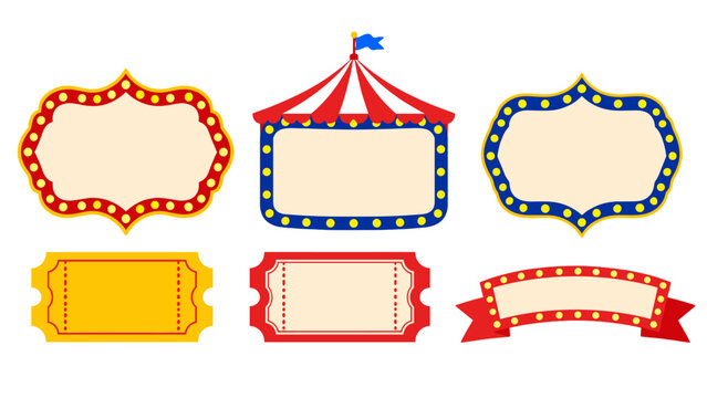Colorful carnival marquee frames tickets and banner set