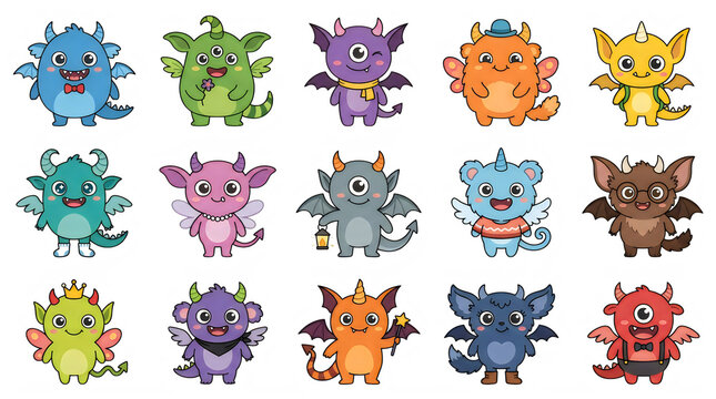Set of cute pixel art monsters and baby dragons in various colors and poses for games