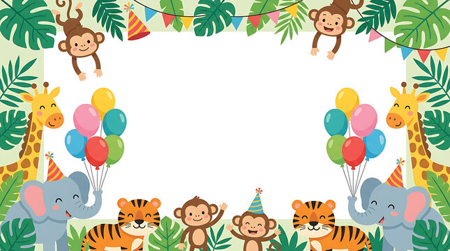Jungle animals celebrating with colorful balloons. Cartoon zoo party scene with elephants, tigers, and monkeys in festive border.