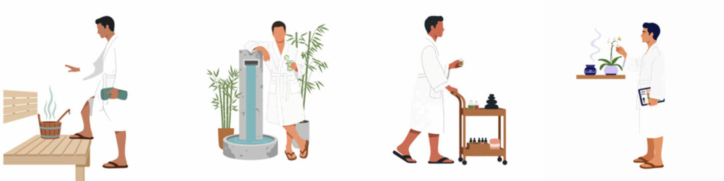 Collection of flat illustrations depicting men in white bathrobes enjoying various wellness activities at a spa center, from sauna to aromatherapy.