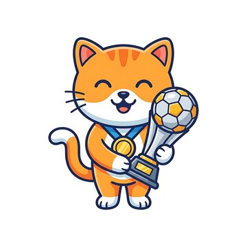 Cute chibi kitten holding a soccer trophy. Happy cartoon cat wearing a gold winner medal.