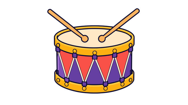Colorful marching drum with drumsticks in cartoon vector style